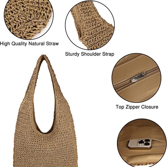 Women Large Straw Beach Bag Handmade Woven Shoulder Bags Hobo Tote Handbag Purse - Picture 3 of 6